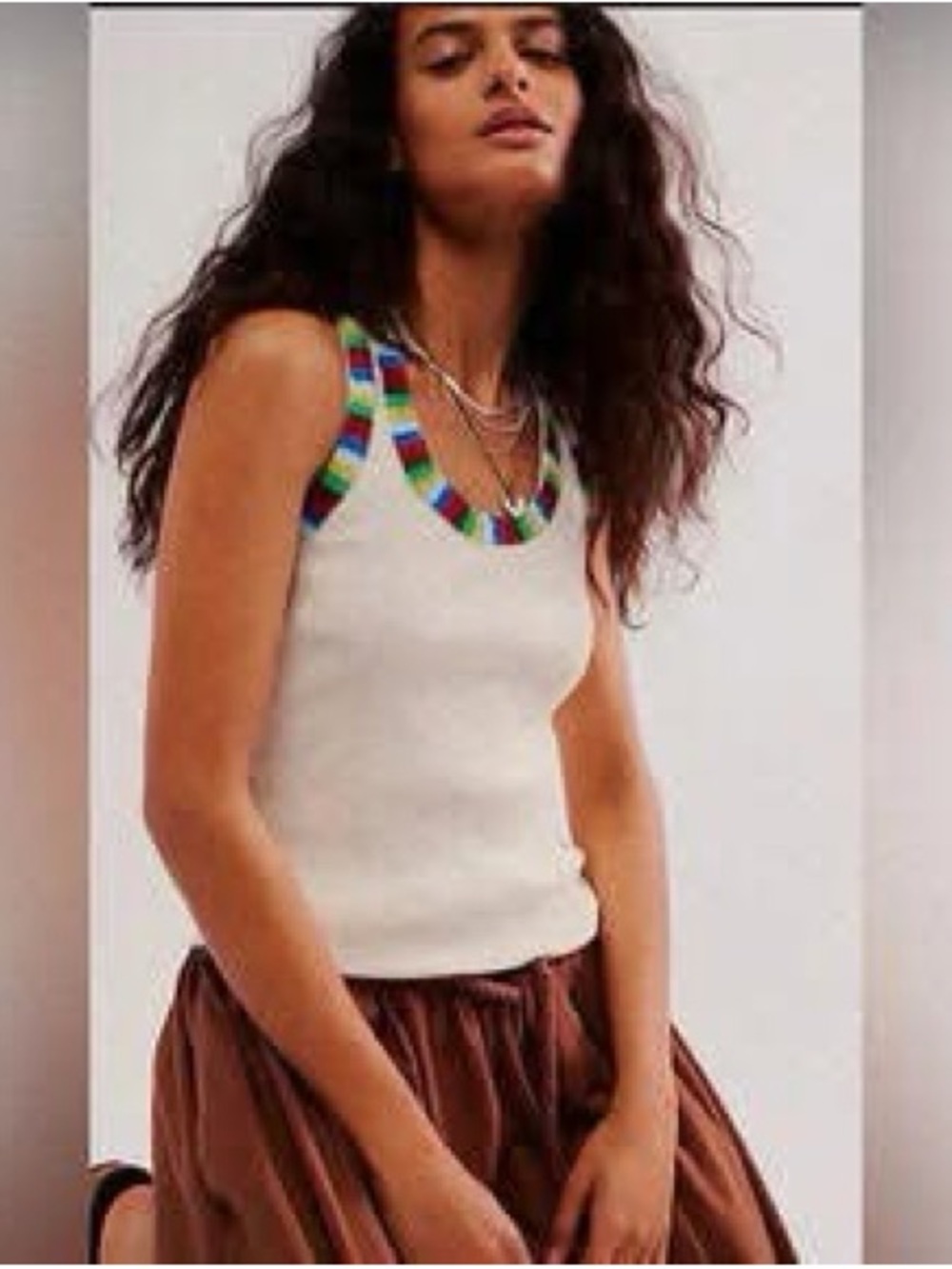 We The Free Cream Tank with Multicolor Striped Trim Size Large